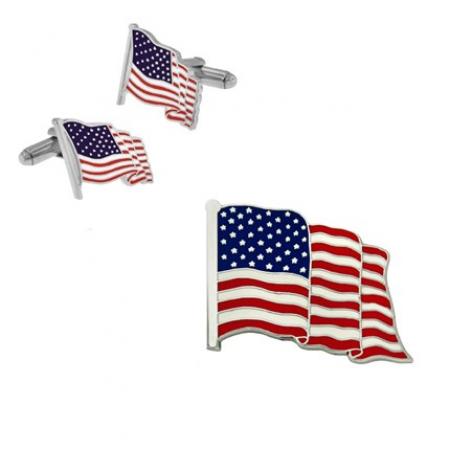 American Flag Cufflinks and Pin Set - Silver 